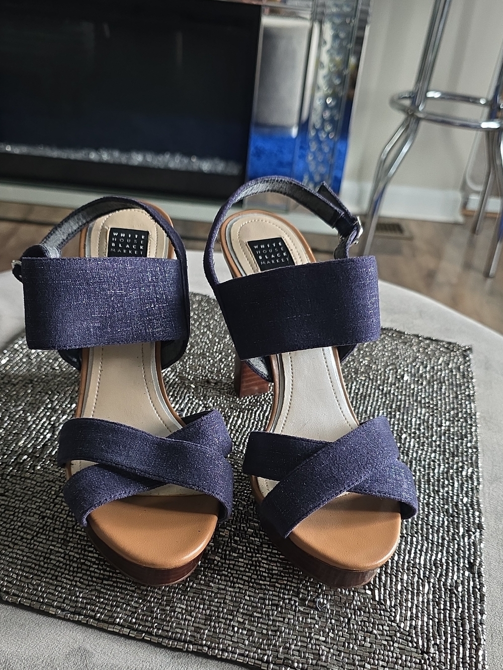 White House Black Market Navy Textured Block Heel Sandals